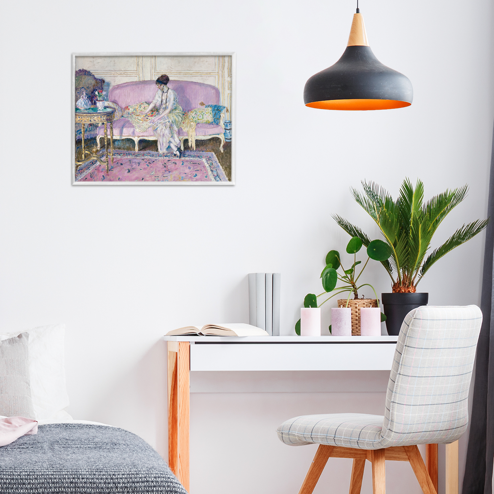Woman Seated on Sofa White Framed Giclee Art, design by Wild Apple Portfolio