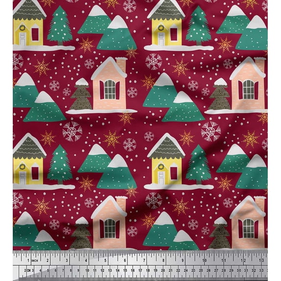 Soimoi Red Georgette Viscose Fabric House & Mountain Nature Print Sewing Fabric Yard 42 Inch Wide
