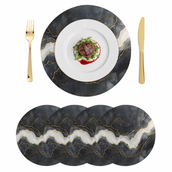 Marble Round 15 Inch Placemats Set of 4, Black Grey Modern Luxury Gold HeatResistant Non Slip Place Mats for Dining Table, Wipeable Braided Kitchen Table Mats for Housewarming