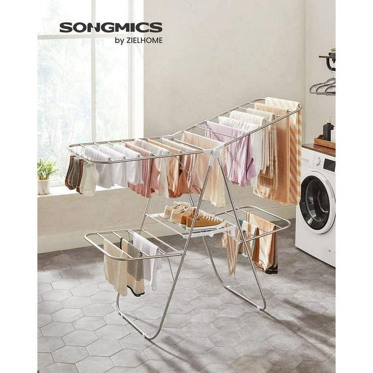 SONGMICS 2-Level Foldable Clothes Drying Rack, White + Silver