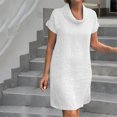 thumbnail image 6 of QUYUON Women Summer Tunic Dress Mini Short Linen Dress Casual High Neck Short Sleeve T-Shirt Dress Beach Sundress Solid Color T Shirt Vintage Dresses Style D-221 White L, 6 of 6