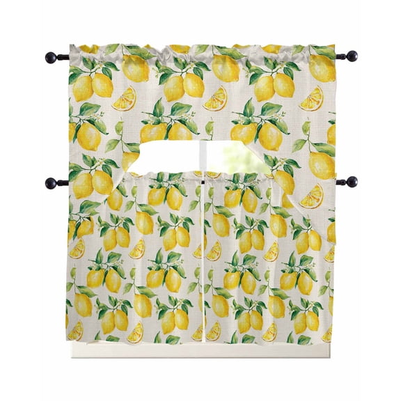 Lemon Swag Kitchen Curtains Sets for Windows 24 Inch Length, Farmhouse Fruit Rustic Country Summer Plant Short Window Curtain Panels Swags Valances and Tiers 3 Piece Set for Cafe/Dining Room