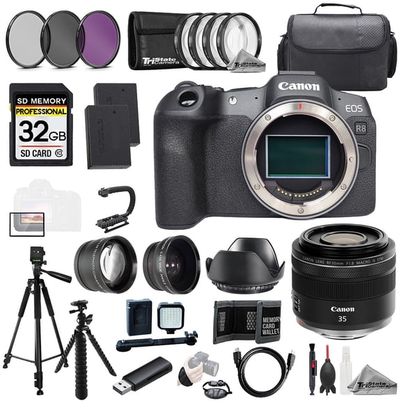 Canon EOS R8 Camera   RF 35mm f/1.8 Macro IS STM Lens  32GB Ext Bat 9 PC Filtr-MEGA Kit (International Version)