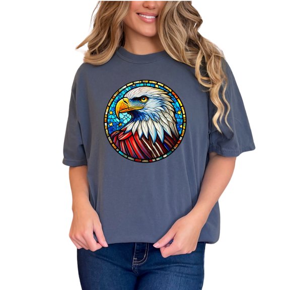 American Eagle T-Shirt, Bald Eagle Stained Glass Art Tee, Patriotic Animal Lovers Shirt, Unique Wildlife Graphic Tee, Gift for Bird Watchers, Denim Comfort Colors T-Shirt, Small