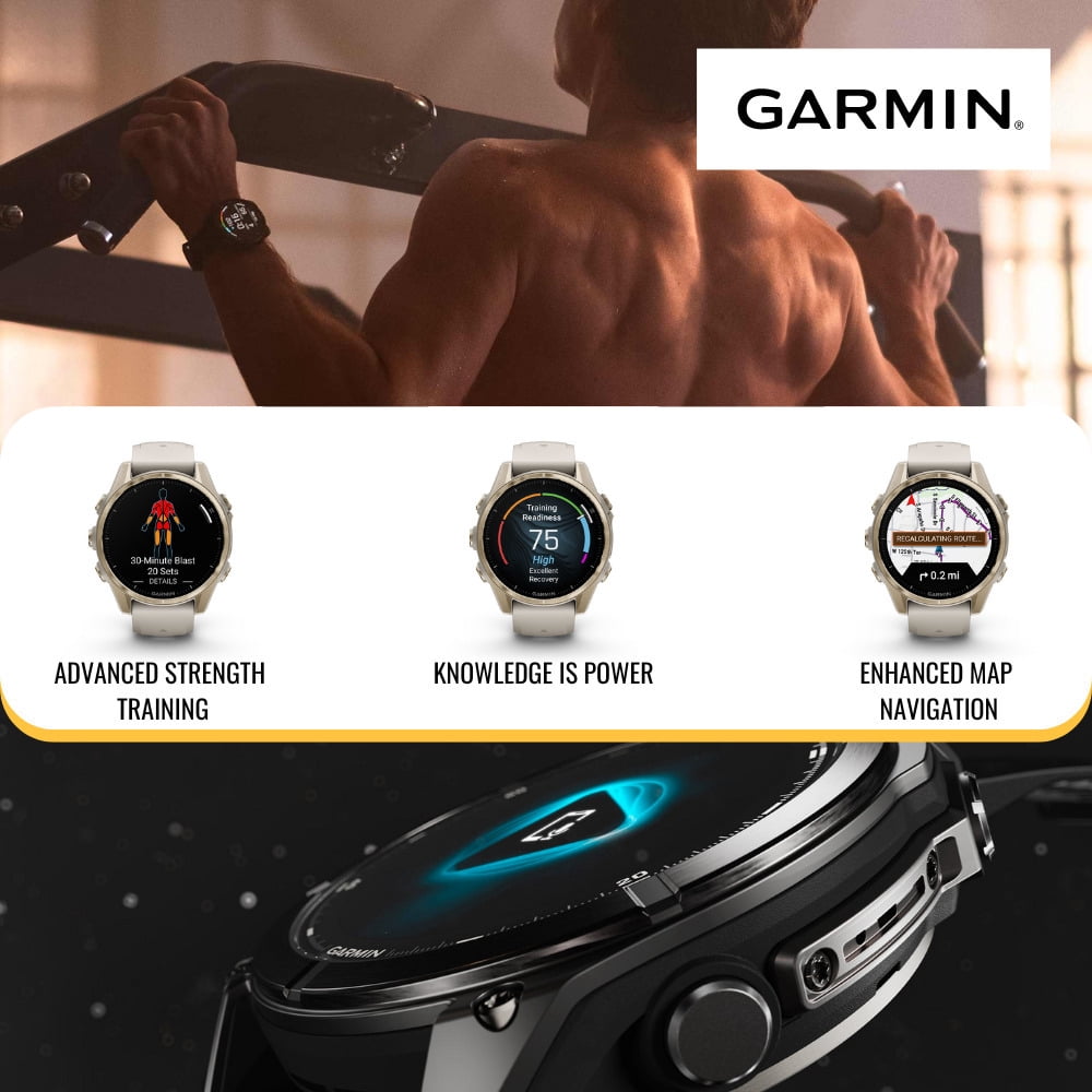 Garmin Fenix 8 43mm GPS Smartwatch (Carbon Gray DLC Titanium and Black-Pebble Gray) Bundle with Charger Stand and Cable, Screen Protector, and Charger Port Protector (4 Items)