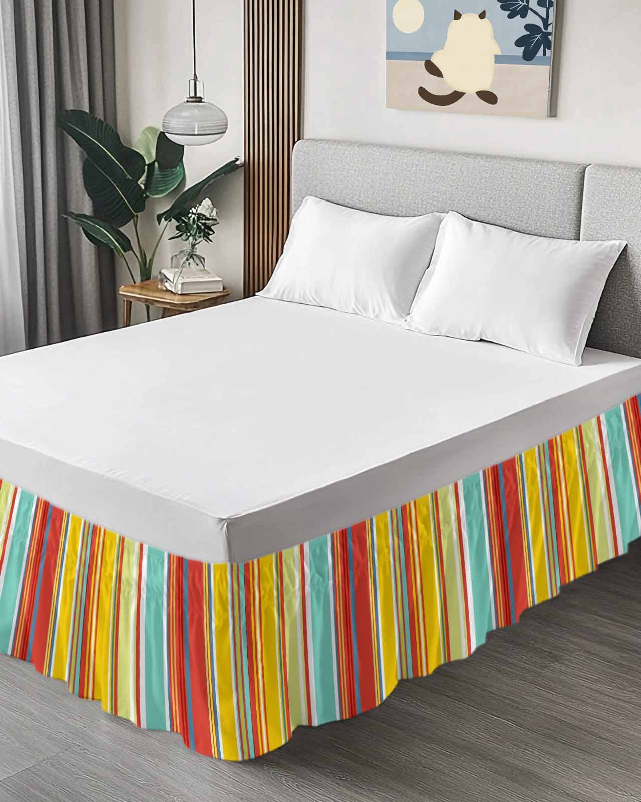 Red Aqua Stripe Wrap Around Bed Skirts for Queen Bed 16" Drop,Bed Skirt with Adjustable Elastic Belt Dust Ruffle Bed Valance for Bedroom Hotel Country Abstract Art Colorful Striped Bed Frame Cover