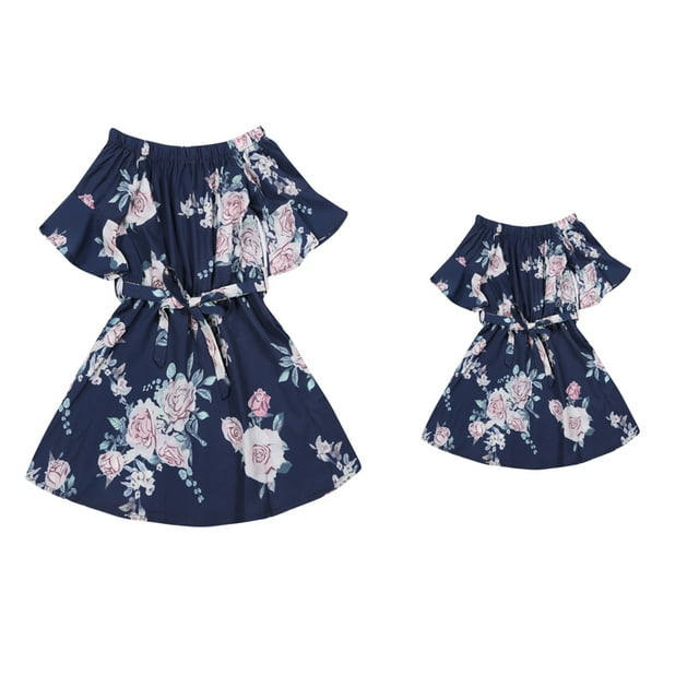 Robe Mère-Fille Tenues Assorties pour la Famille Robe à Épaules Dénudées Robe Fleurie Robe d'Été