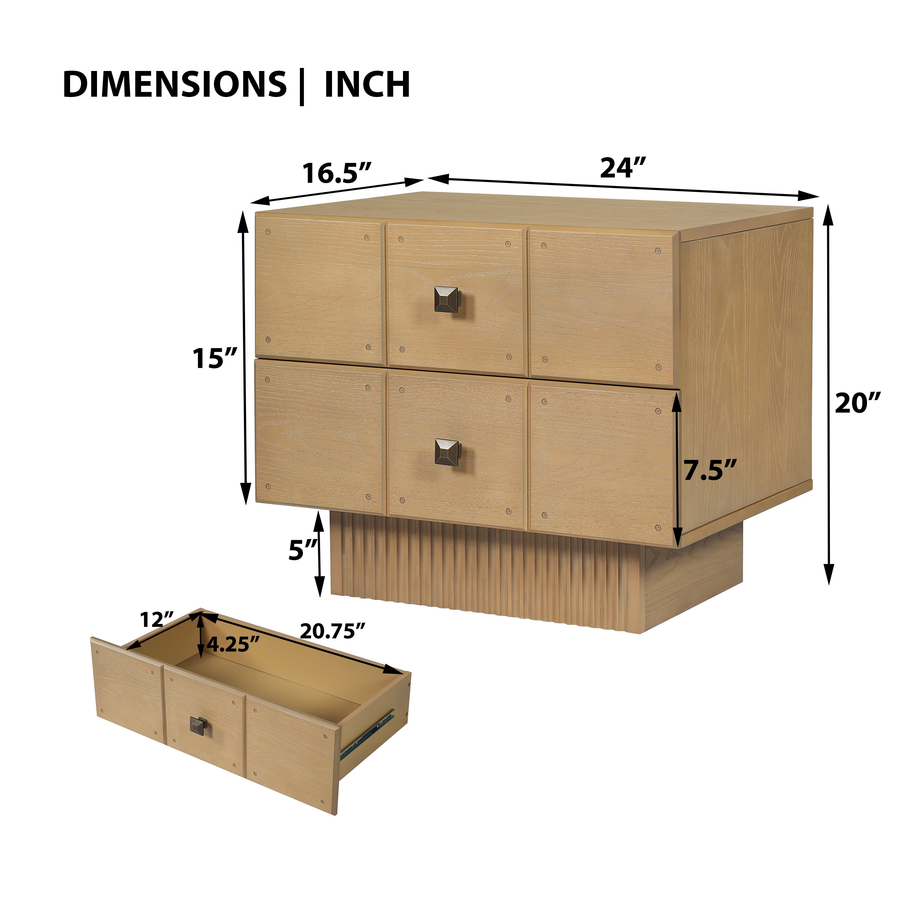 Euroco Mid-Century Nightstand with 2 Drawers, 24" Wide Bed Side Table with Fluted Pedestal,Wood Storage End Table Dresser for Bedroom,Living Room,Natural