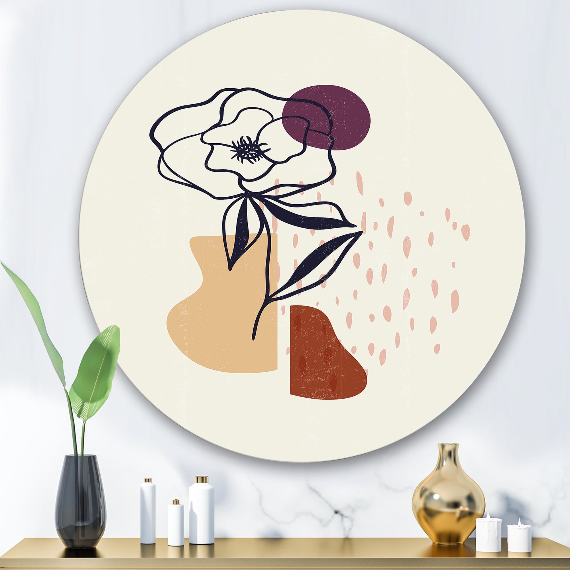 Designart 'Minimalist Shapes With Ancient Flower I' Modern Circle Metal Wall Art 29x29 - Disc of 29