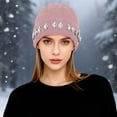 thumbnail image 2 of AWZXDE Beanie Hats For Women Pearl Chain Rhinestone Knitted Cap Unique Versatile Warm Ear Covering For Autumn Winter Pink, 2 of 3