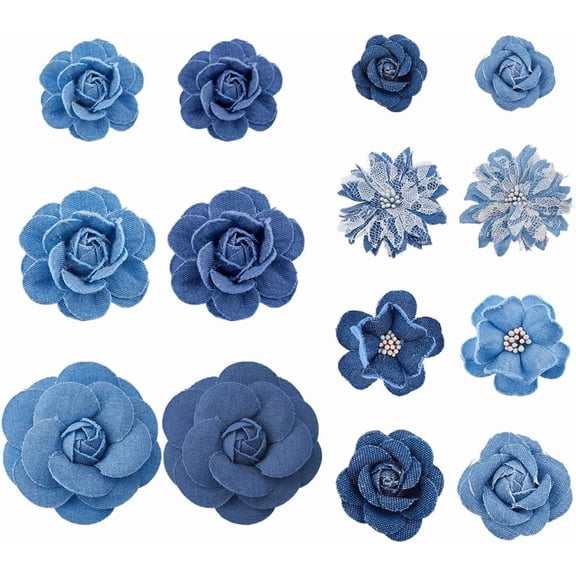 14 Styles Fabric Flower Denim Marine Blue Denim Cloth Flowers Fabric Camelia Canvas Fabrics Flower Jean Sewing Ornaments for DIY Jacket Skirt Coat Costume Accessories diy
