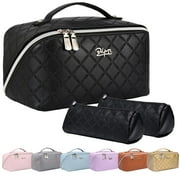 Travel Makeup Bags Cosmetic Organizer Bag: 3-Set Large Capacity Make up Bag - PU Leather Toiletry Bag for Women - Wide Open Portable Pouch with Divider & Handle