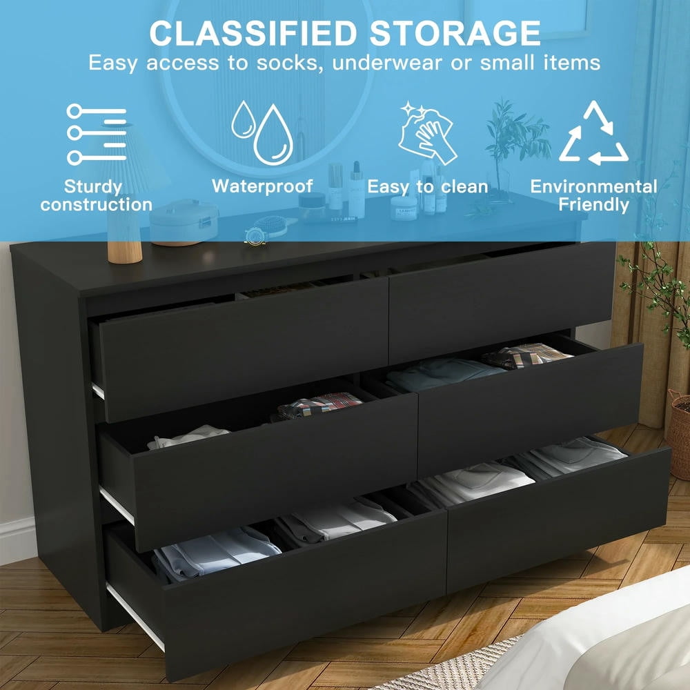 Kadyn Black Chest of Drawer, 6 Double Drawer Dresser for Bedroom, Modern Storage Cabinet for Living Room, Dresser