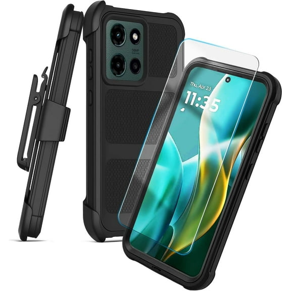 Encased Rugged Belt Case for Moto G Power 5G 2024, Full Body Protective Case with Tempered Screen Protector and Holster Clip (Black)