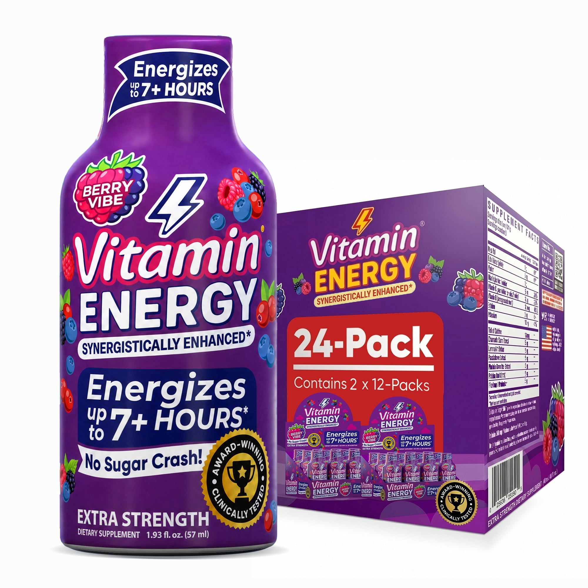 Vitamin Energy Berry Vibe Extra Strength Energy Shot, 24 Pack - 260mg Natural Caffeine, BCAAs + CoQ10, Focus, Zero Sugar, 1.93 fl oz