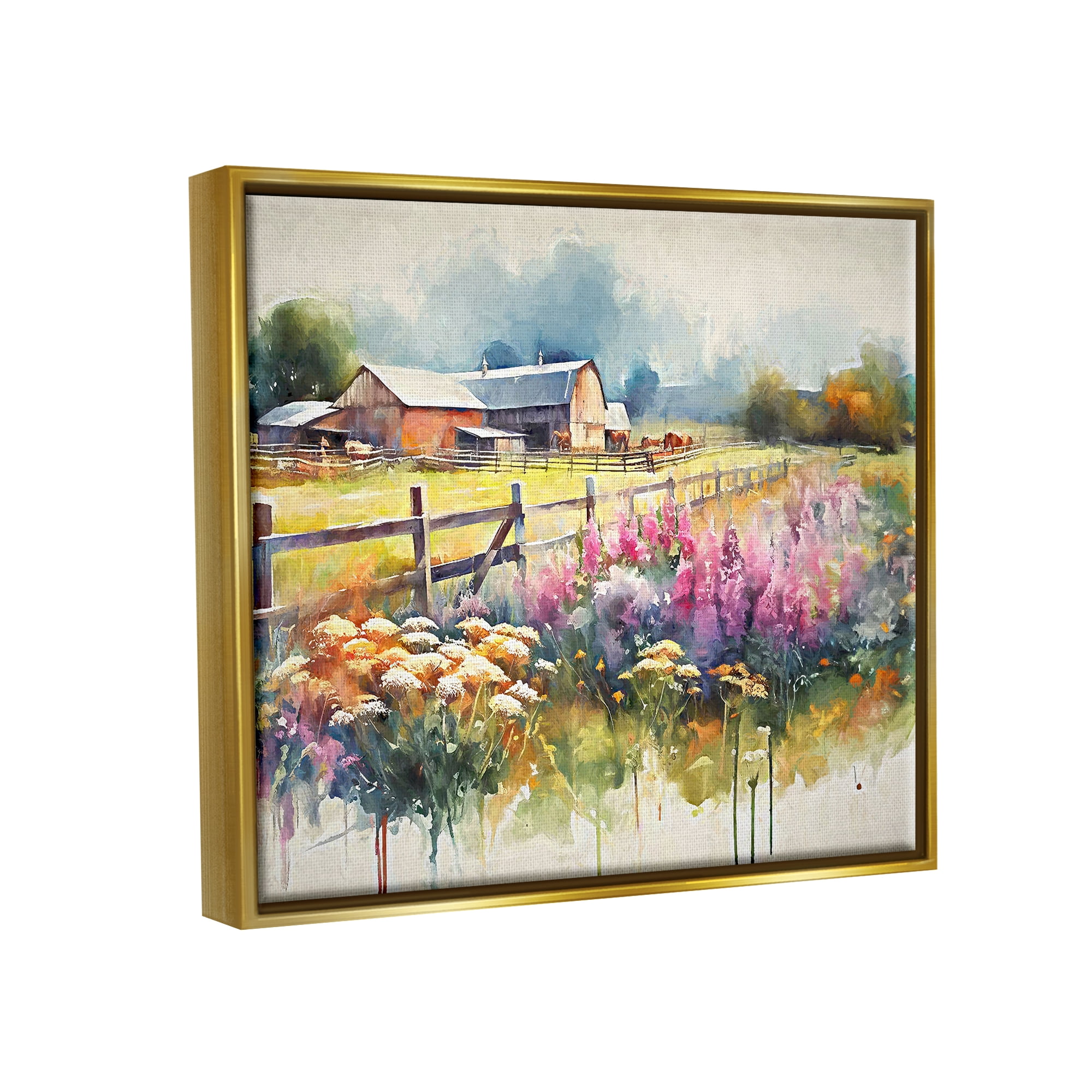 Stupell Industries Country Barn Modern Painting Landscape Painting Gold Floater Framed Canvas Art Print Wall Art, 31 x 25