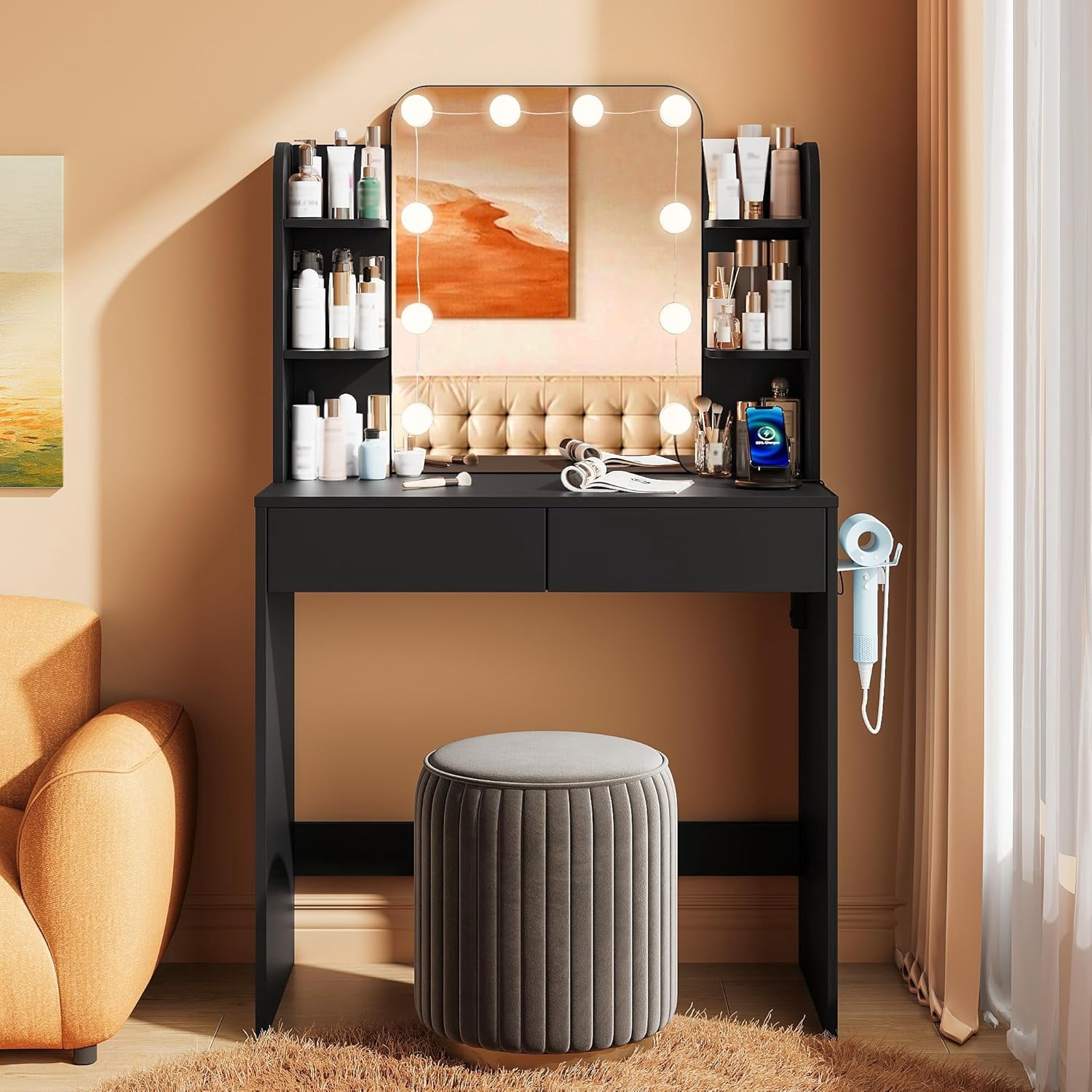 Black Small Vanity Desk with Lighted Mirror and Power Outlet, Pipleo 31.5" Makeup Table with 2 Drawers & 6 Storage Shelves, Women Girls Vanity for Small Space, Easy Assembly