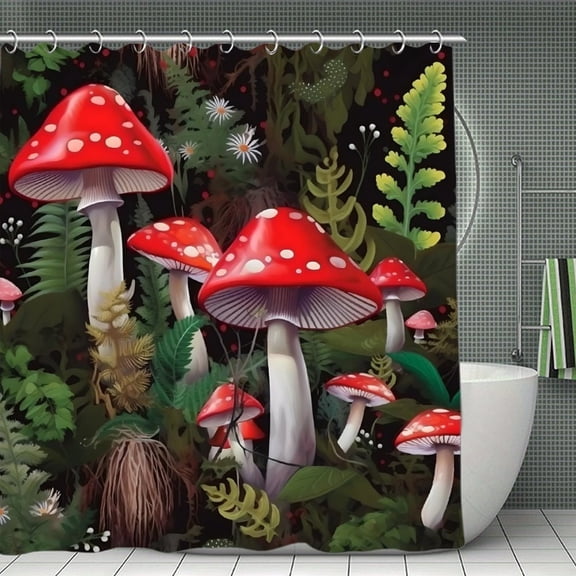 Mushrooms Ferns Forest Red Print Shower Curtain,Modern Fabric Waterproof Shower Curtain Set with Hooks,70.8×70.8Inch