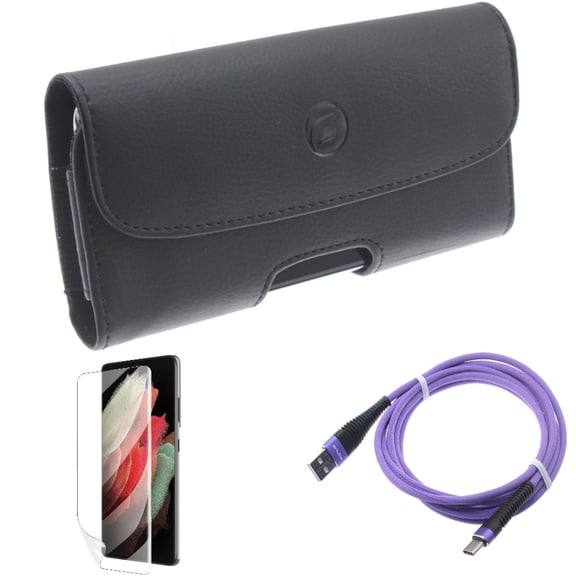 10ft USB Cable & Case Belt Clip & Matte Screen Protector for Samsung Galaxy S22 Plus (S22 ) - Combo Purple Type-C Charger Cord & Leather Holster Cover & TPU Film Anti-Glare