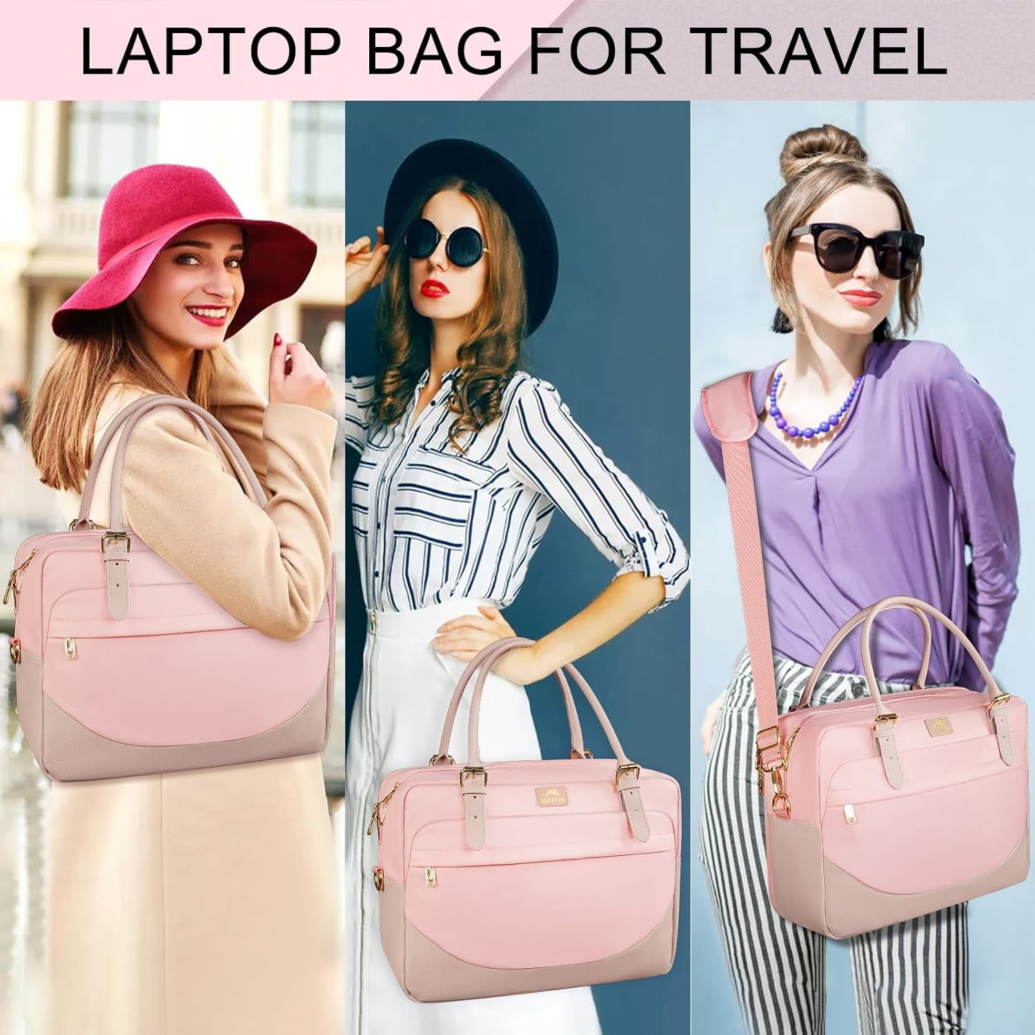 Matein Laptop Computer Bag for Women, 15.6in Waterproof Messenger Bag with Adjustable Shoulder Strap for Work Travel College, Pink