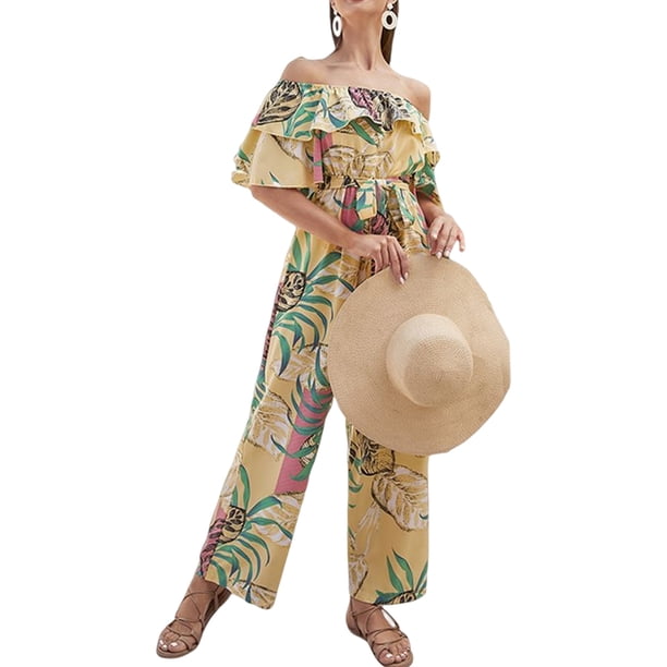 Monos De Mujer Mono de gasa con estampado floral Mamelucos casuales de una pieza para el trabajo (Caqui S) Cgtredaw Para estrenar