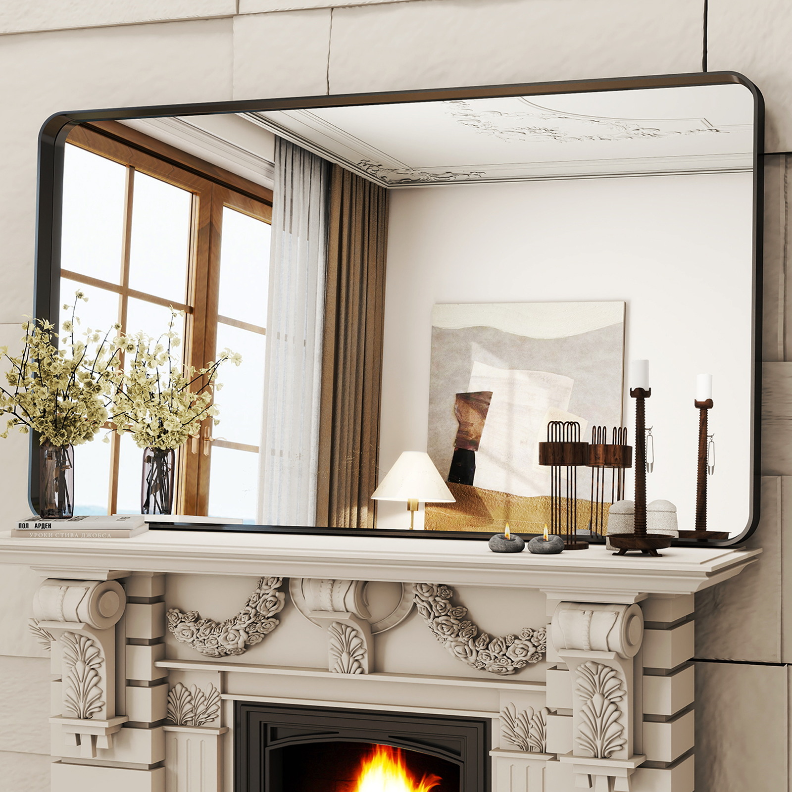 BEAUTYPEAK 30x48 Modern Round Corner Bathroom Vanity Mirror photo 2