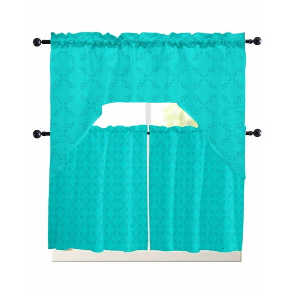 Turquoise Plaid Kitchen Curtains Sets 24 Inch Length with Valance, Geometric Leaf Diamond Morocco Abstract Swag Valances and Tiers Curtain Set Drapes Swag Curtains for Living Room, Bathroom, Bedroom