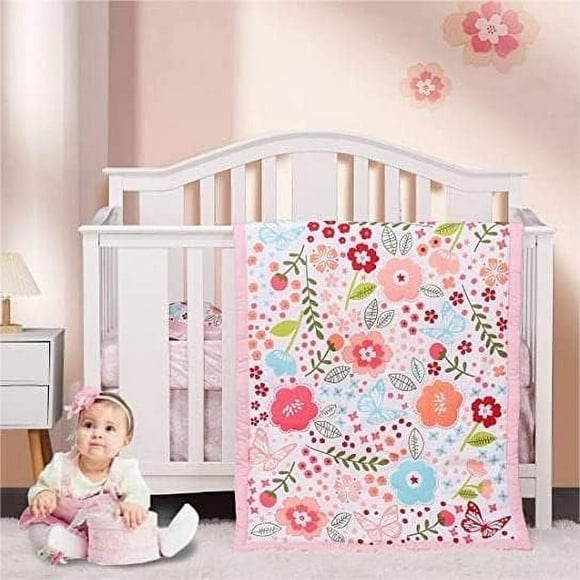 Sweet Baba 4 PC Flower Crib Bedding Set, Adorable Pink Crib Set for Baby Girl | Includes Quilt, Crib Sheet, Crib Skirt, Pillowcase