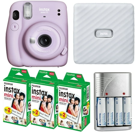 FUJIFILM INSTAX Mini 11 Instant Film Camera (Lilac Purple) + 4X Rechargeable Battery + Mini Film White Printer Kit (3 Pack)