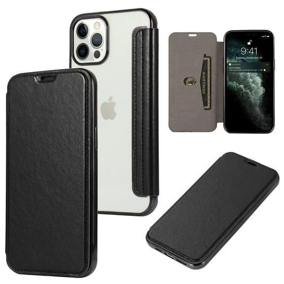 Flip Folio Case for iPhone 13 Pro Max, Soft Ultra-clear Anti-drop TPU Shell & PU Leather Flip Cover Electroplated Frame Card Holder Kickstand Full Protective Shockproof Thin Case, Black