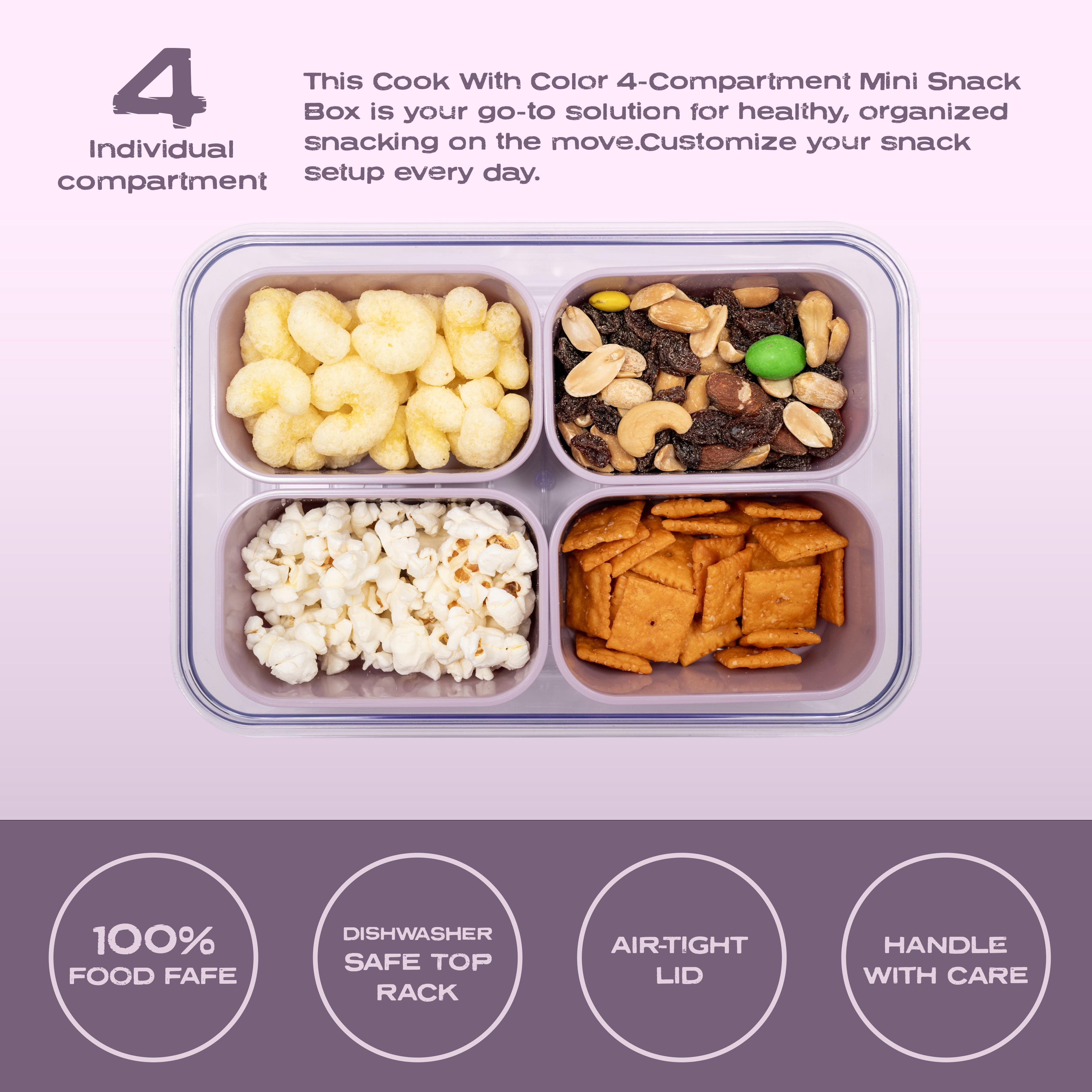 Cook with Color 4-Compartment Mini Snack Box Food Storage Carrier and Container, Charcuterie Container, Purple, Portable and Dishwasher Safe, Designed to Help with Packed Lunches and Daily Commutes