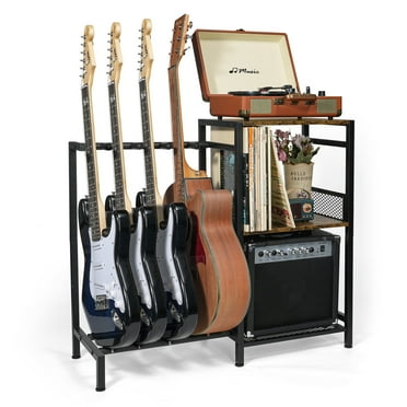 Guitar Stand for Multiple Acoustic Bass Electric Guitars Cases with Vinyl Record Storage Cabinet and 3-Tier Shelf