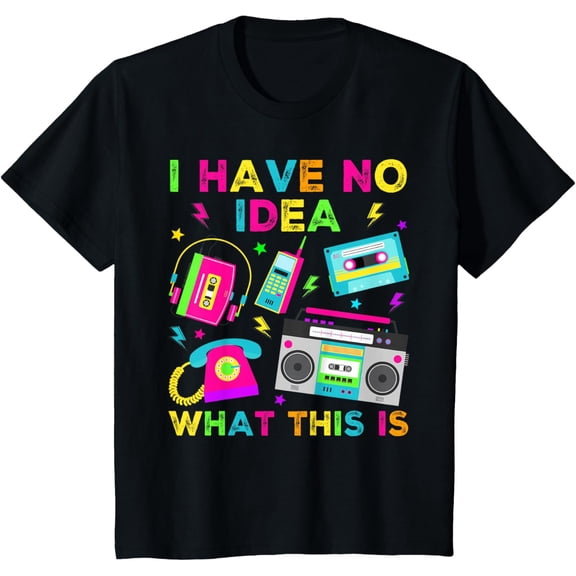 children’s wear Funny Retro 80s 90s Technology I Have No Idea What This Is Kids T-Shirt, Vintage Neon Boombox Cassette Graphic Tee for Boys and Girls
