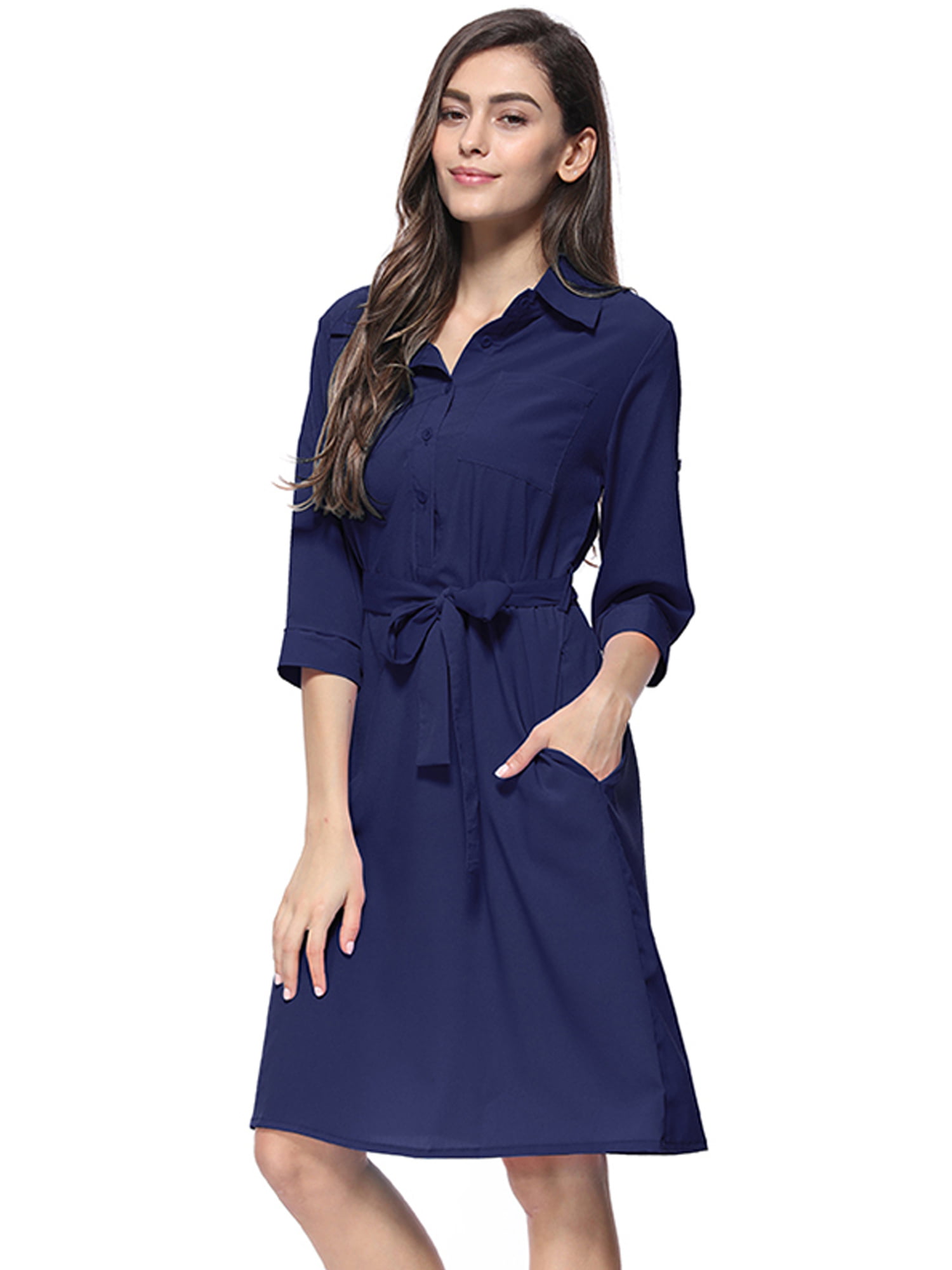 Women Casual 3/4 Sleeve Pocket Midi Collared Belted Shirt Dress Long ...