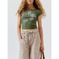 thumbnail image 3 of Musuos Women Summer Basic T-Shirt Floral Print Short Sleeve Crop Tops Pullovers for Streetwear, Green, 3 of 7