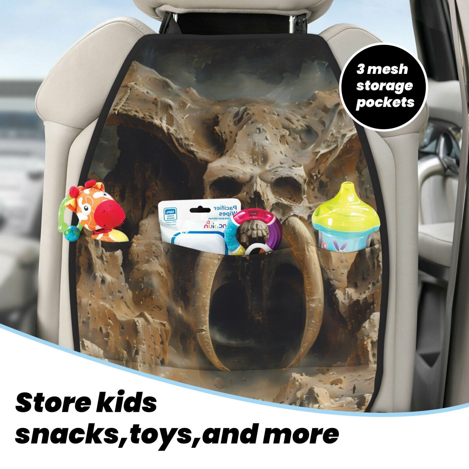 Kdxio Ancient Skull Cave Landscape Print 2 Pack Car Kick Mat Seat Cover Back Protector Mat with Pockets for Organizer Backseat Protector and Storage Anti Kick Pad for Vehicles