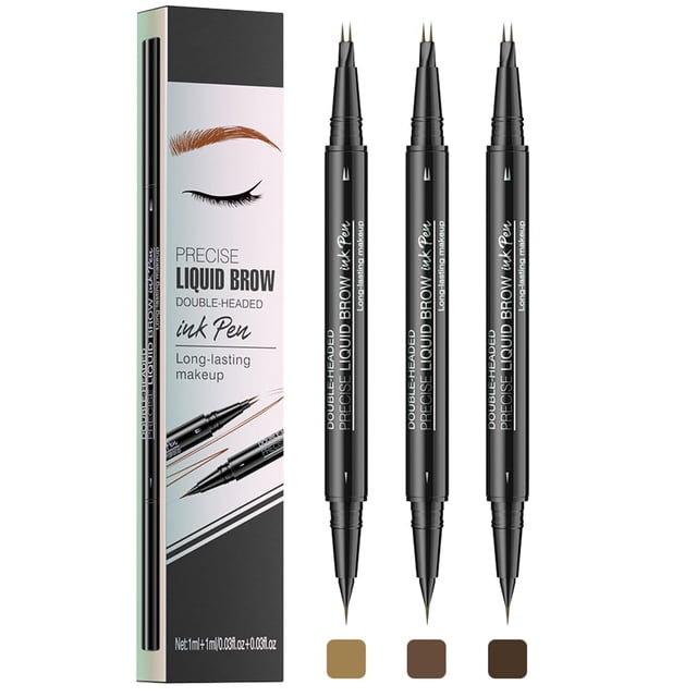 Pinkiou Microblading Eyebrow Pen Juego de lápiz para cejas Paquete de 3 lápices de cejas 2 en 1 impermeables Lápiz de cejas de doble punta con 2 puntas de tenedor y cepillo de precisión Marrón Marrón