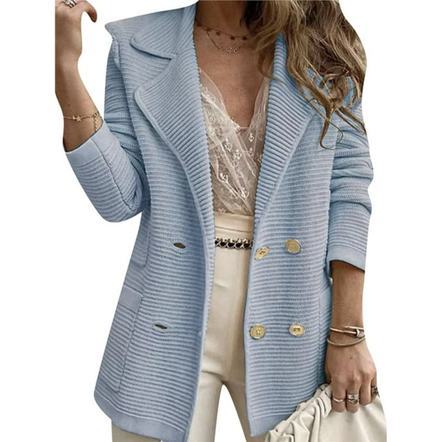 Women Long Sleeve Double Breasted Blazer Jackets Lapel Ribbed Open Front Fall Blazer Coats with Pockets L