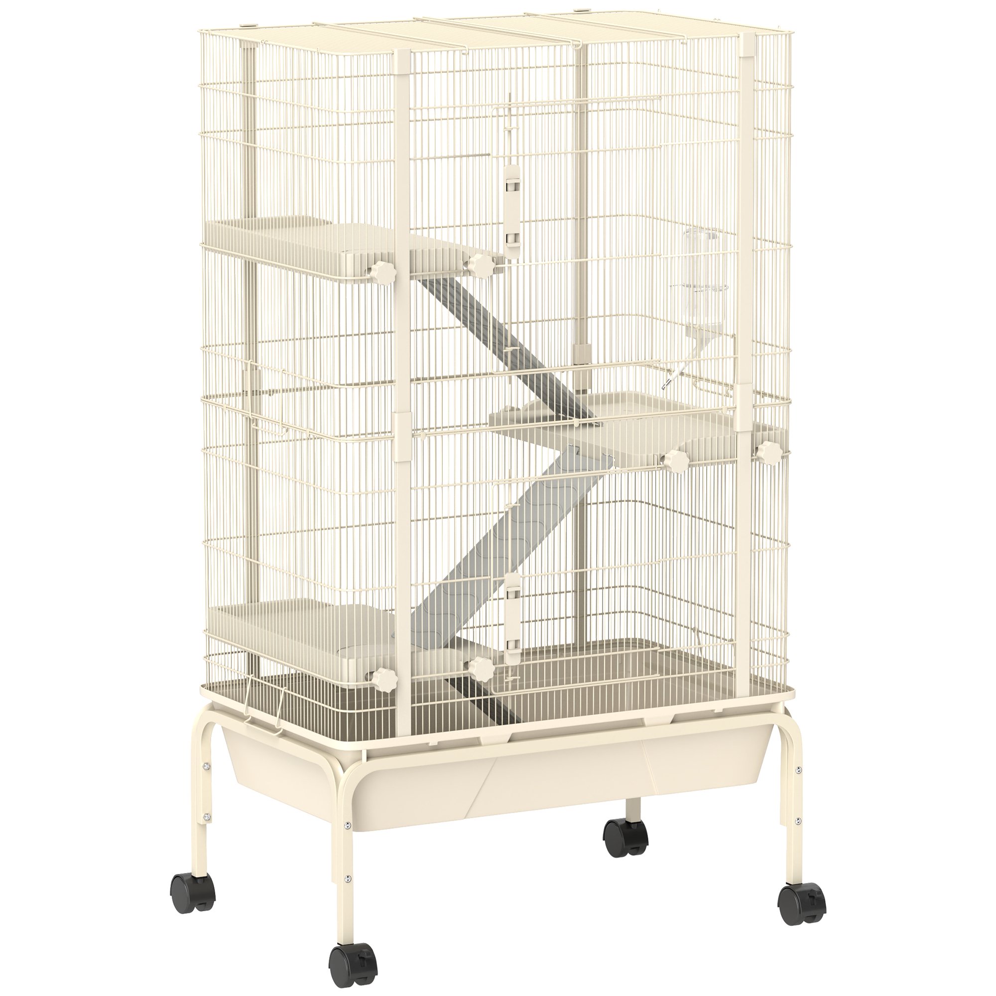 4-Tier Rolling Small Animal Cage, Large Metal Ferret Cage with Deep Tray, Ramps, Food Dish & Water Bottle, Beige