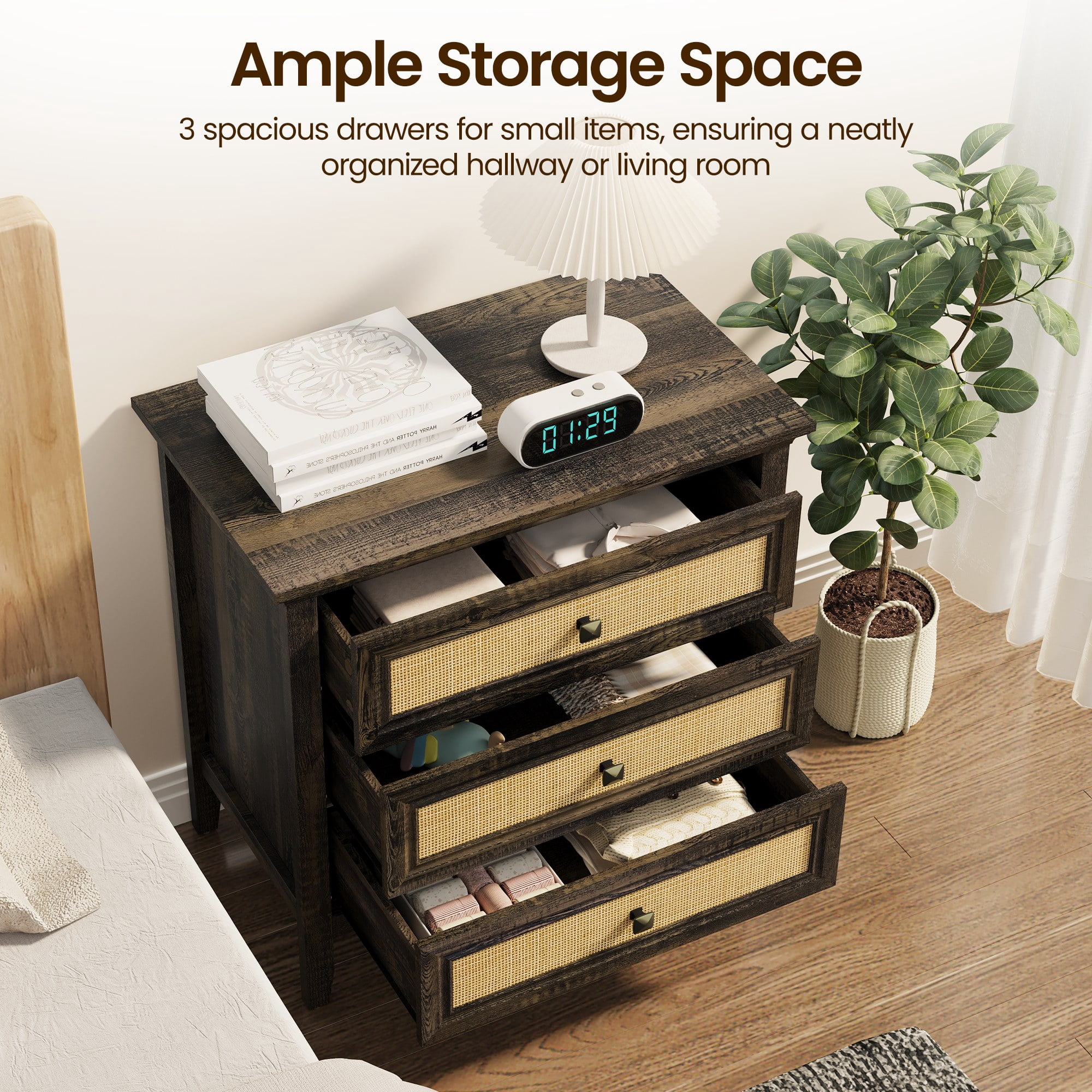 3 Drawer Dresser Rattan Dresser Wood Chest of Drawers Farmhouse Closet Dressers Modern Bedside Table Rustic Nightstand Storage Cabinet for Bedroom, Hallway, Living Room