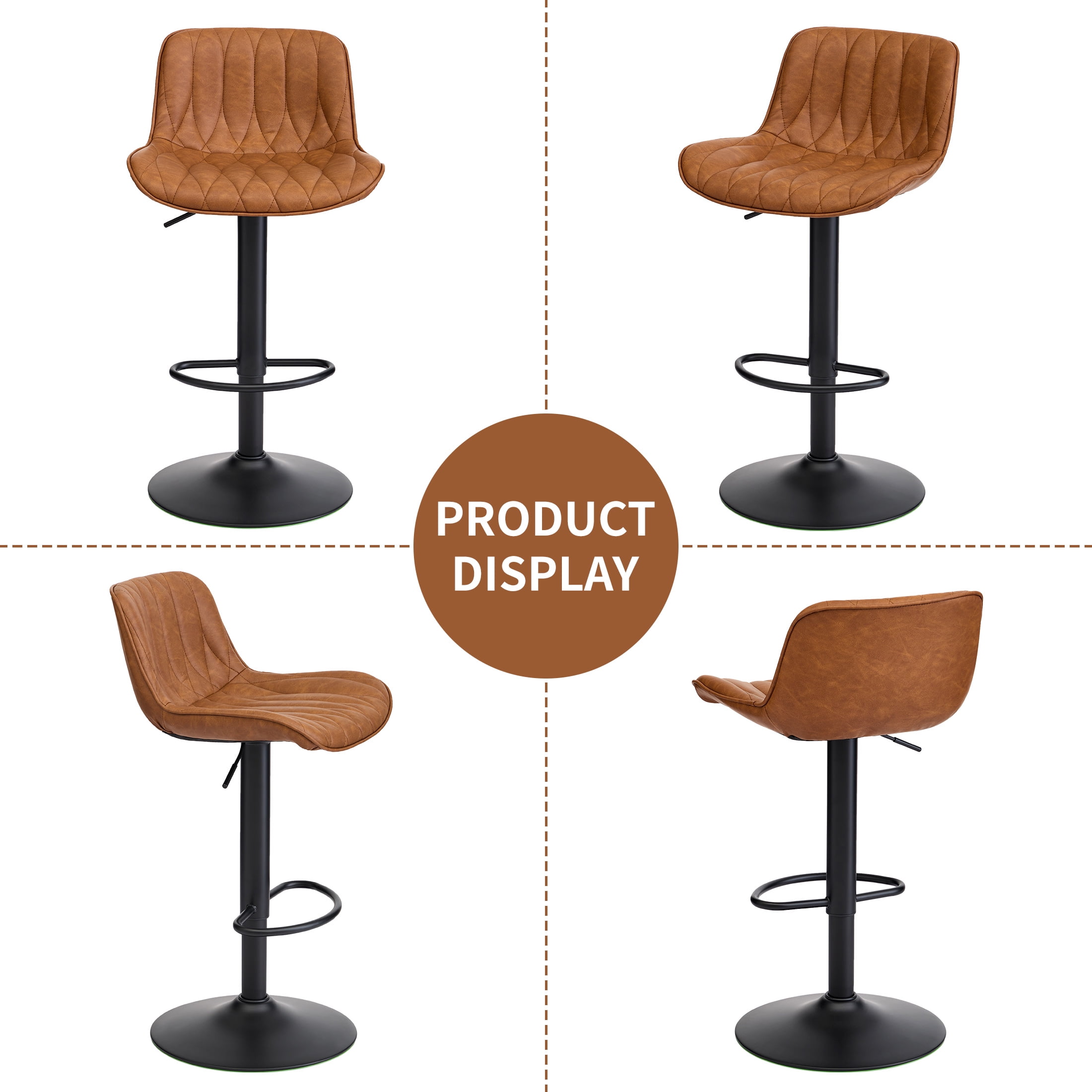 FIRAVOE Swivel Bar Stools Set of 2 (Adjustable Height 25"-33") Counter Height Bar Stools with Back, Modern Faux Leather Barstools for Kitchen Island, Brown