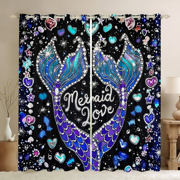 Erosebridal Mermaid Love Curtains for Living Room, Fairy Tale 30%-50% Blackout Curtains Set of 2 (38x45), Ocean Princess Curtains Pack of 2, Window Drapes Room Decorative