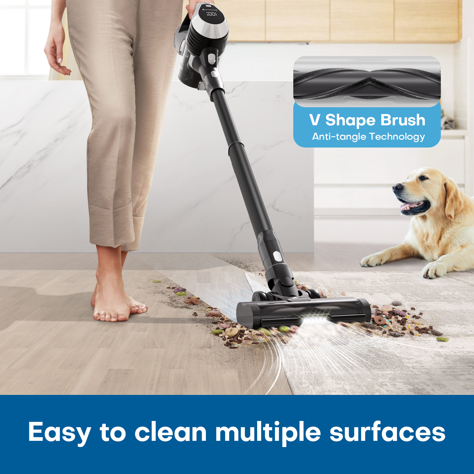 MOOSOO TC1 Cordless Vacuum with V Shape Anti-Tangle Brush, 25Kpa Powerful Stick Vacuum Cleaner for Pet Hair Hard Floor Carpet - image 3 of 9