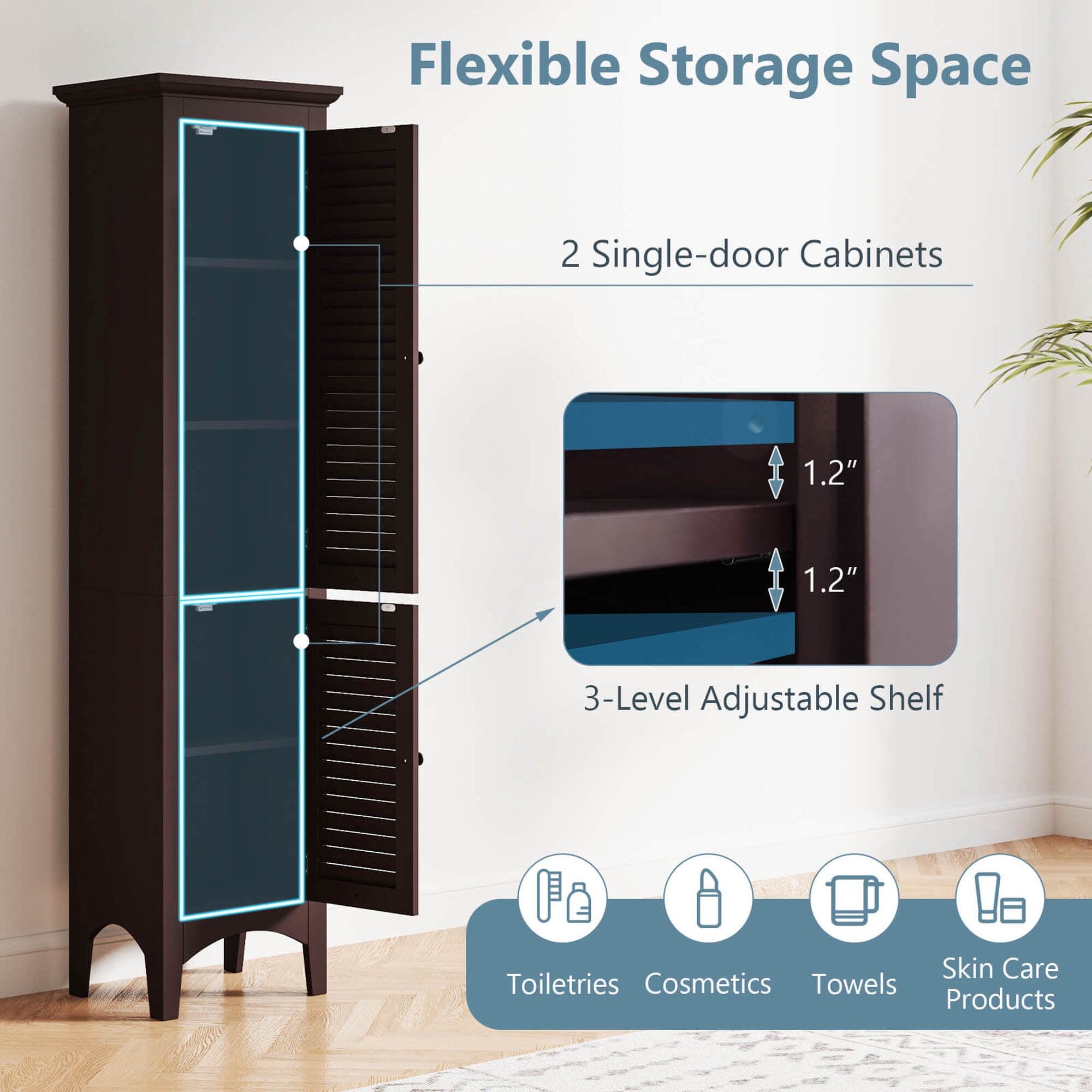 Costway 63" Tall Bathroom Cabinet with 2 Louvered Doors & Adjustable Shelf Elevated Legs Brown