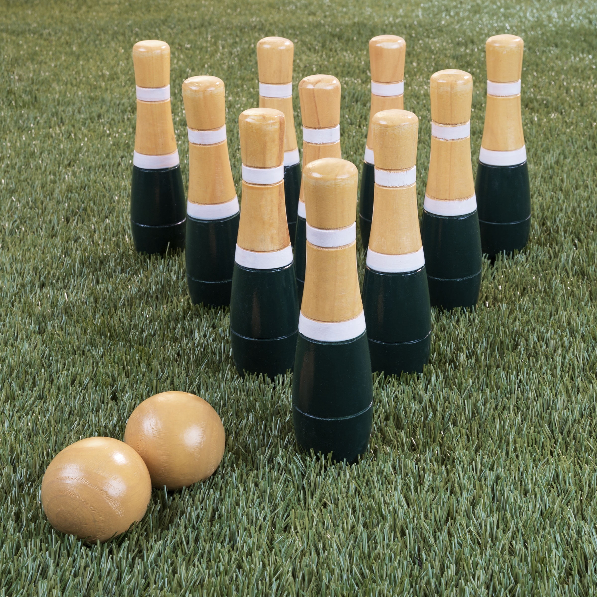 Lawn Bowling Game/Skittle Ball- Indoor/Outdoor Fun for Kids, Adults –10 Wooden Pins, 2 Balls, and Mesh Bag Set by Hey! Play! (8 Inch - Green/White)