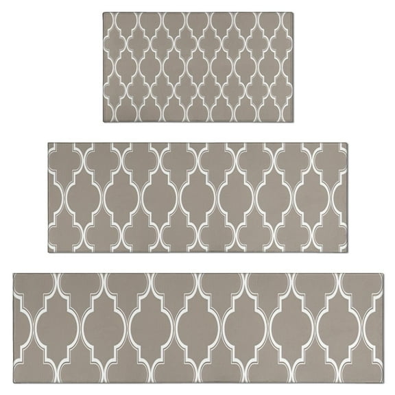Brown Geometric Quatrefoil Pattern Kitchen Rugs Sets Of 3,Kitchen Runner Rugs Non Skid Washable,Decorative Kitchen Floor Mats for Kitchen,Sink,Laundry,17"x30" 17"x47" 17"x59"