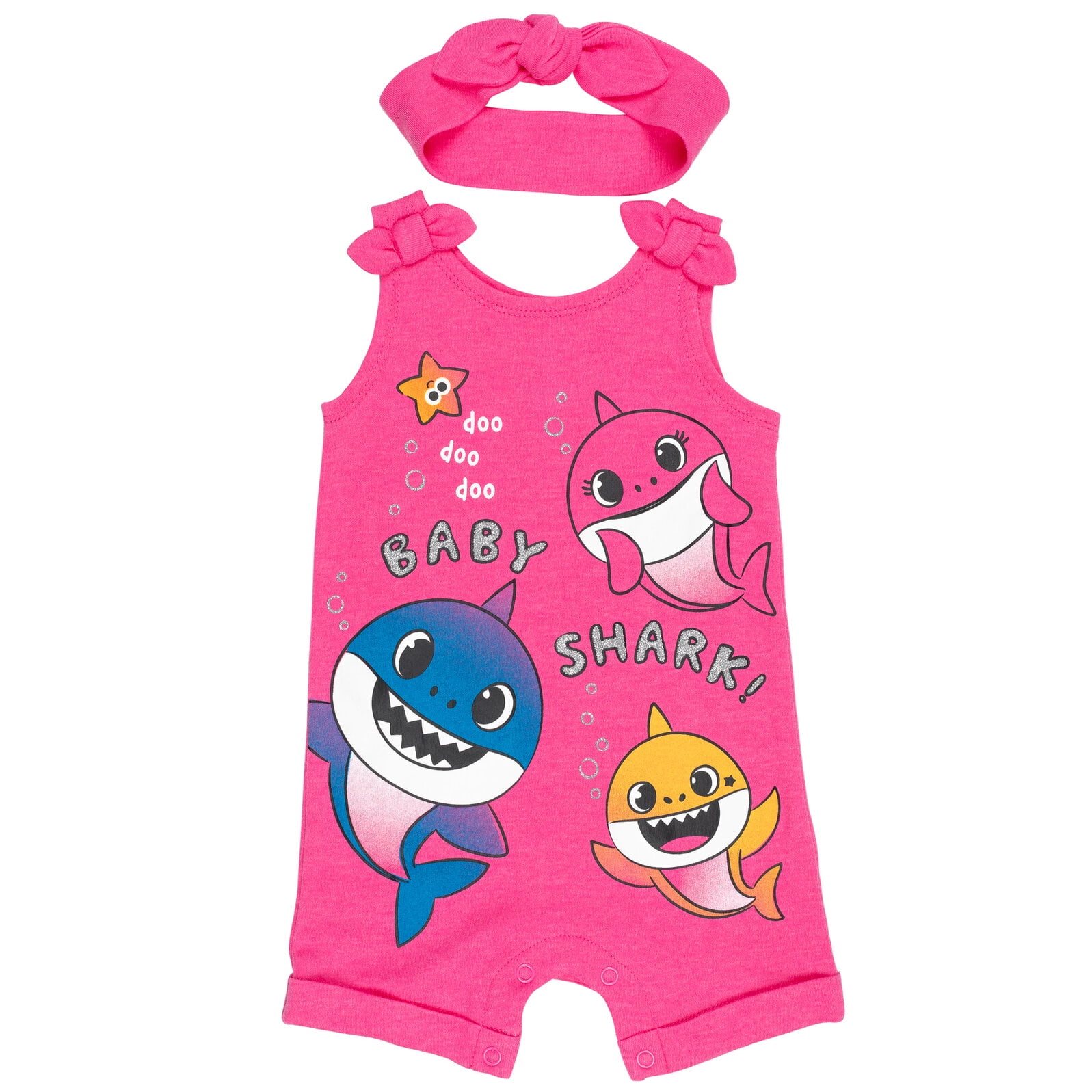 Pinkfong Baby Shark Infant Baby Girls Snap Romper and Headband Newborn to Toddler