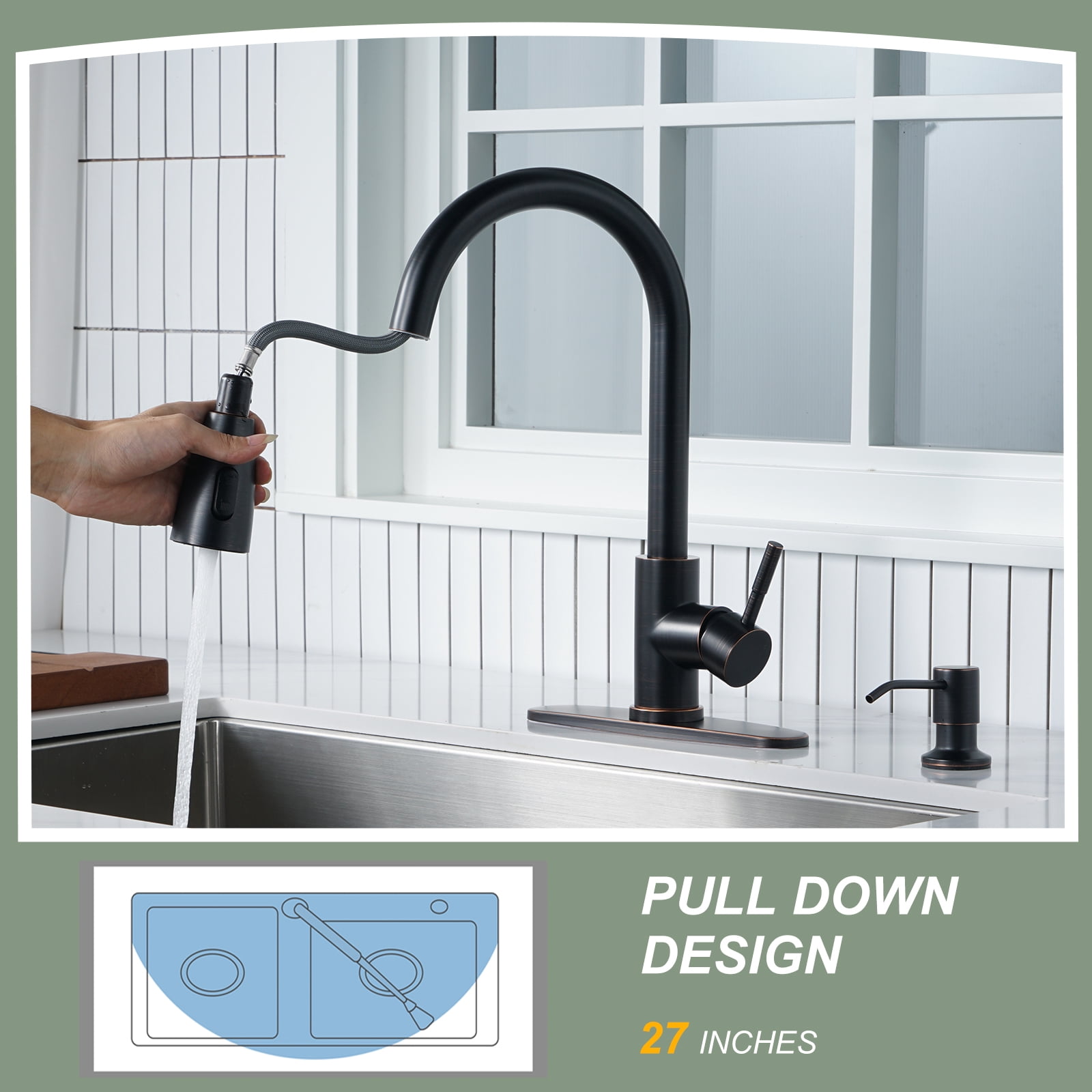 Wowow Single Handle Stainless Steel Pull Down Kitchen Faucet Oil Rubbed Bronze with Soap Dispenser