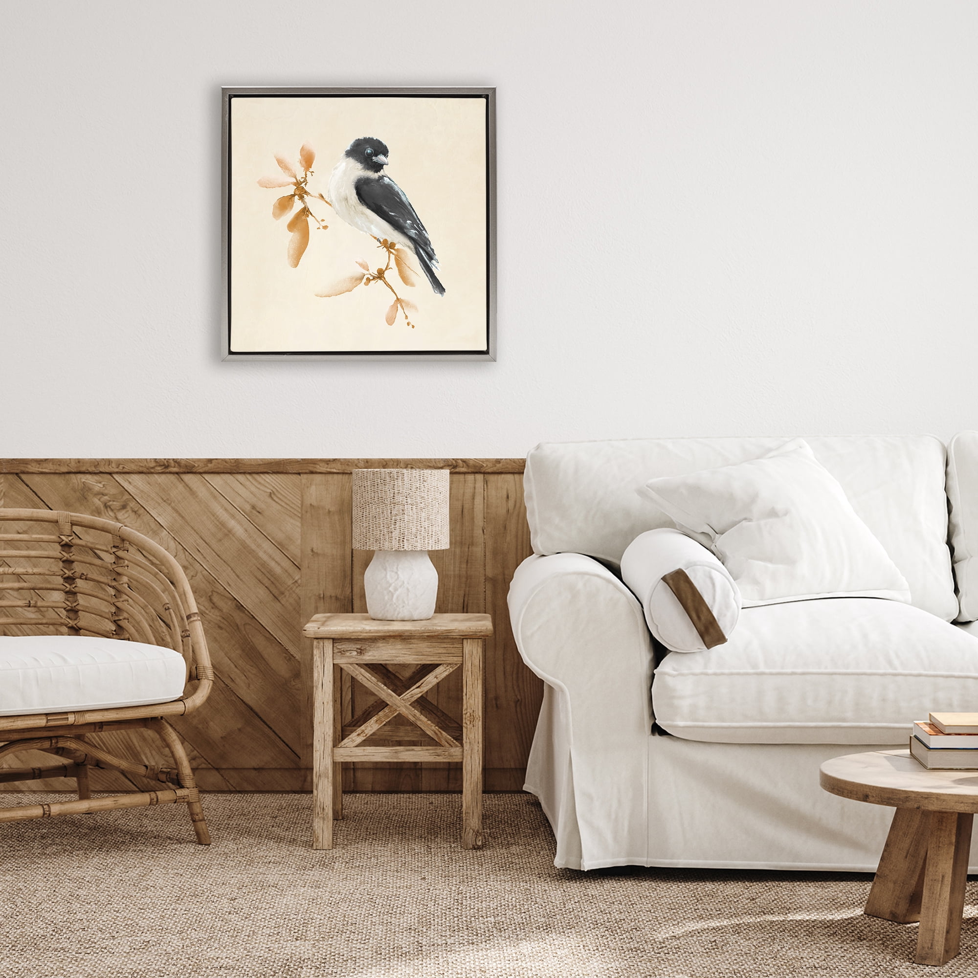 Stupell Industries Subtle Watercolor Chickadee Gray Framed Floater Canvas Wall Art, design by Diannart