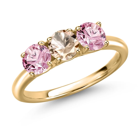 Gem Stone King 10K Yellow Gold Peach Morganite and Pink Lab Grown Diamond Engagement Ring for Women | 1.40 Cttw | Round 5MM | Gemstone October Birthstone | Size 9
